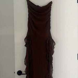 NEVER WORN Lioness Chocolate Brown Strapless Ruffle Gown